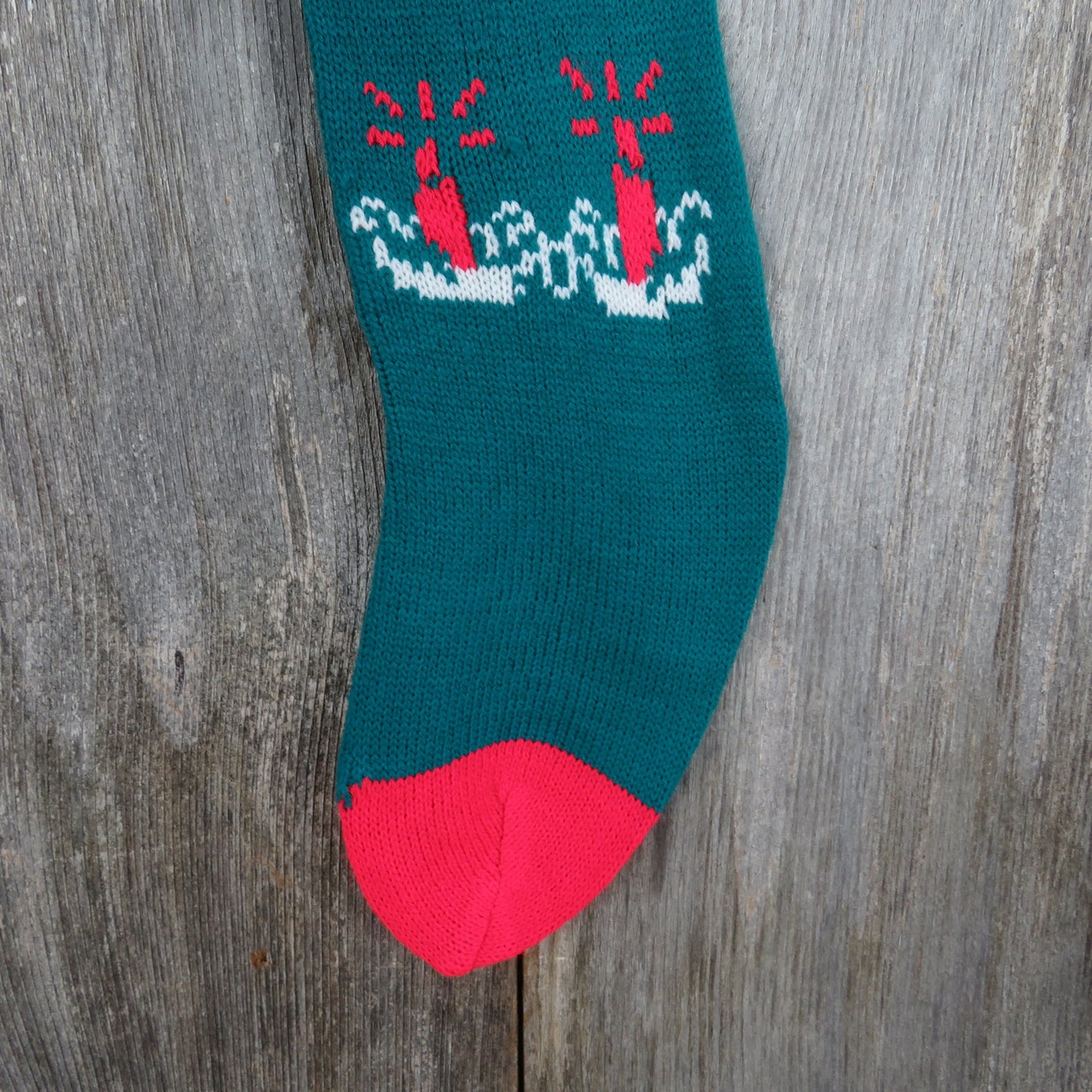 Vintage Merry Christmas Knit Stocking Candles Teal Green Red White Pom Pom 1980s