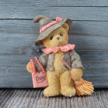 Load image into Gallery viewer, Vintage Teddy Bear Brooch Halloween Witch Hat Boo Bag Orange Black Resin Broom