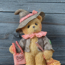 Load image into Gallery viewer, Vintage Teddy Bear Brooch Halloween Witch Hat Boo Bag Orange Black Resin Broom