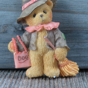 Vintage Teddy Bear Brooch Halloween Witch Hat Boo Bag Orange Black Resin Broom