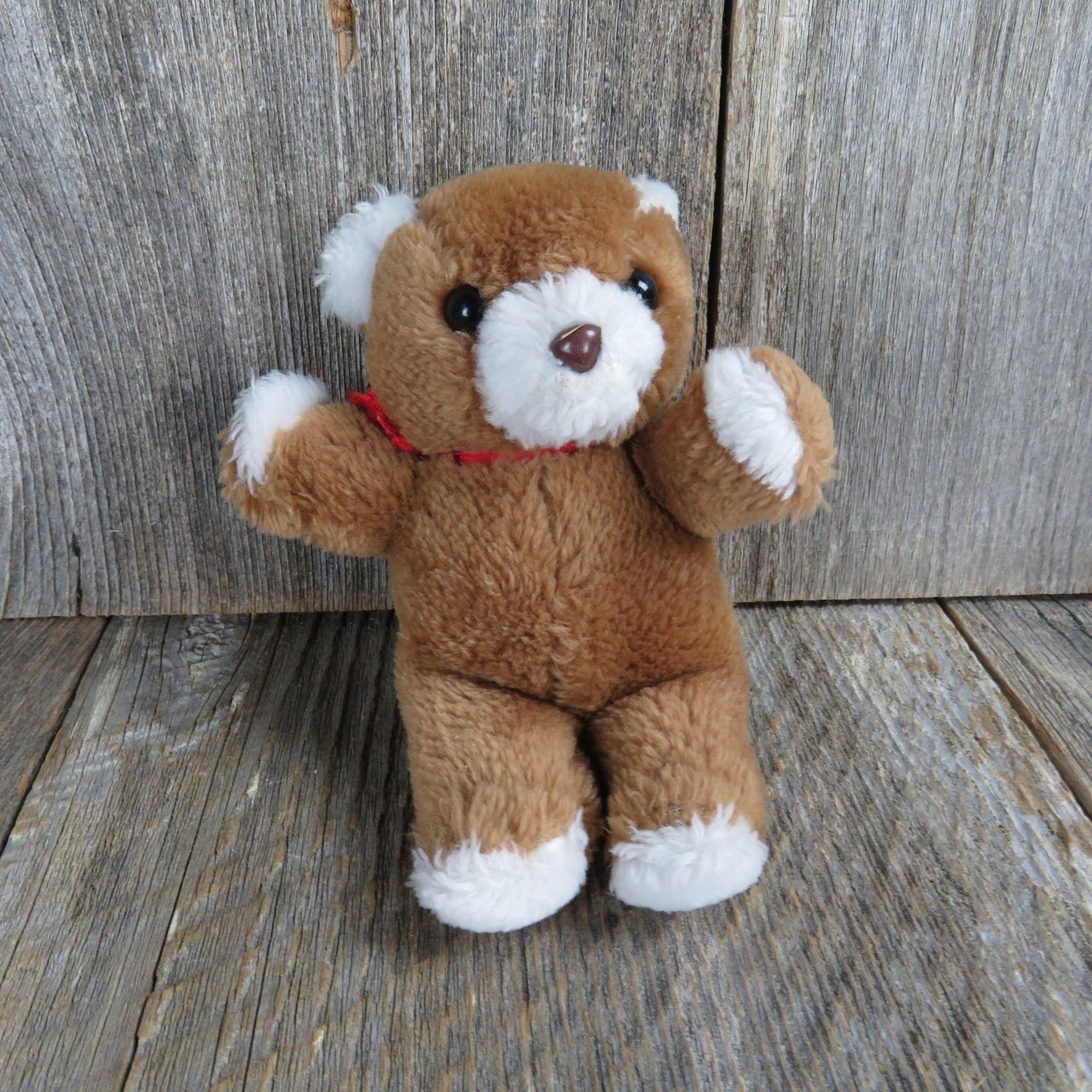 Vintage Teddy Bear Plush Brown White Plastic Nose Red Ribbon Mark's Inc Korea Small Stuffed Animal