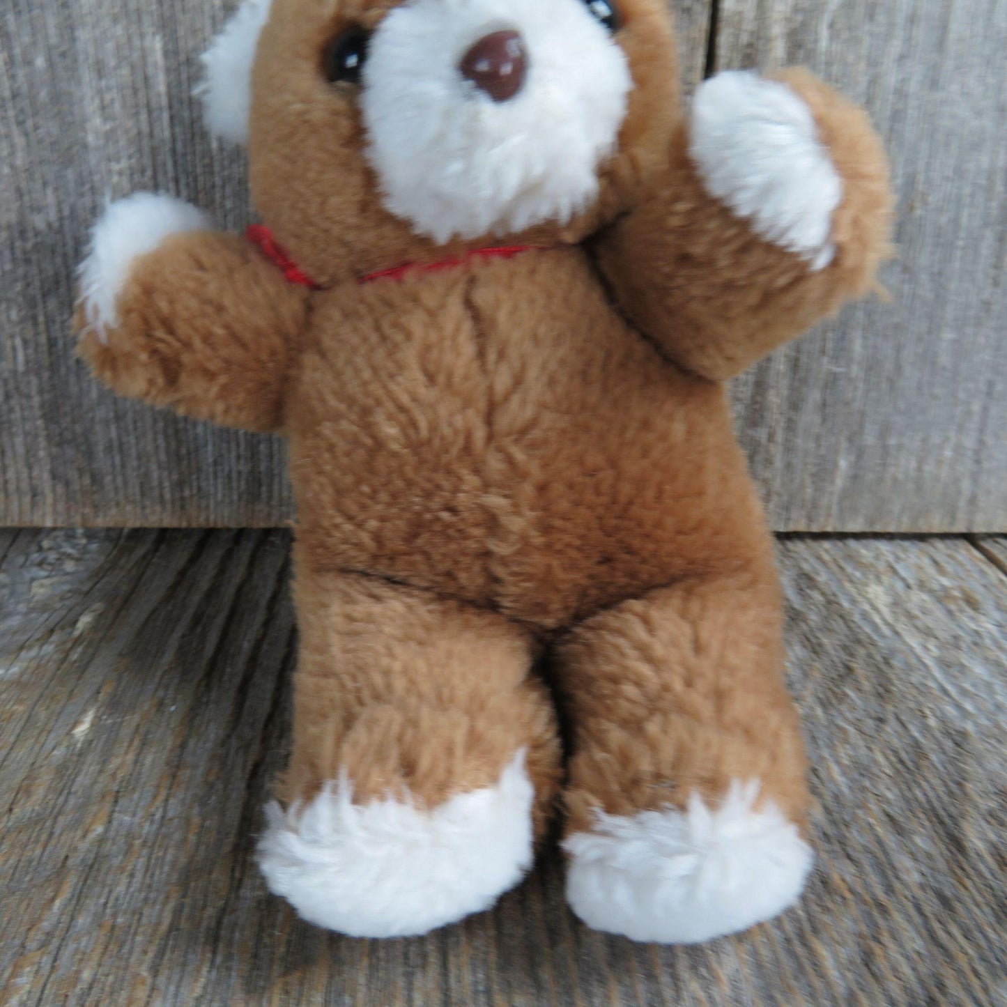 Vintage Teddy Bear Plush Brown White Plastic Nose Red Ribbon Mark's Inc Korea Small Stuffed Animal