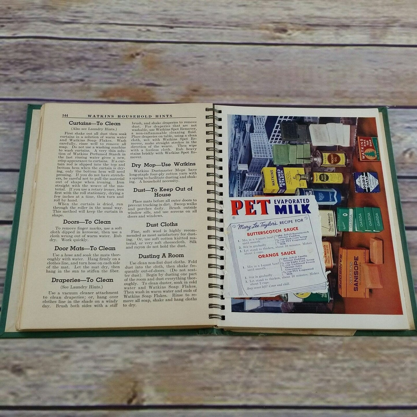 Vintage Watkins Household Hints  1941 Elaine Allen Hardcover Spiral Bound Green Cookbook