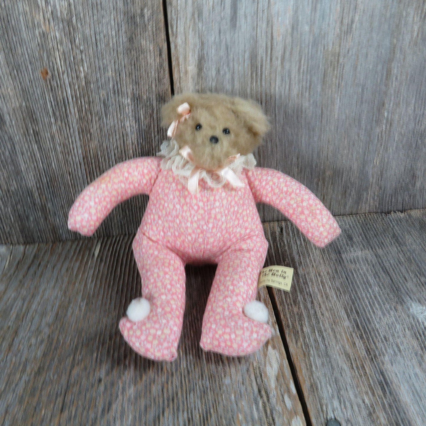 Vintage Teddy Bear Plush Calico Fuzzy The Hen in the Holly Pink Lace Mini Fabric