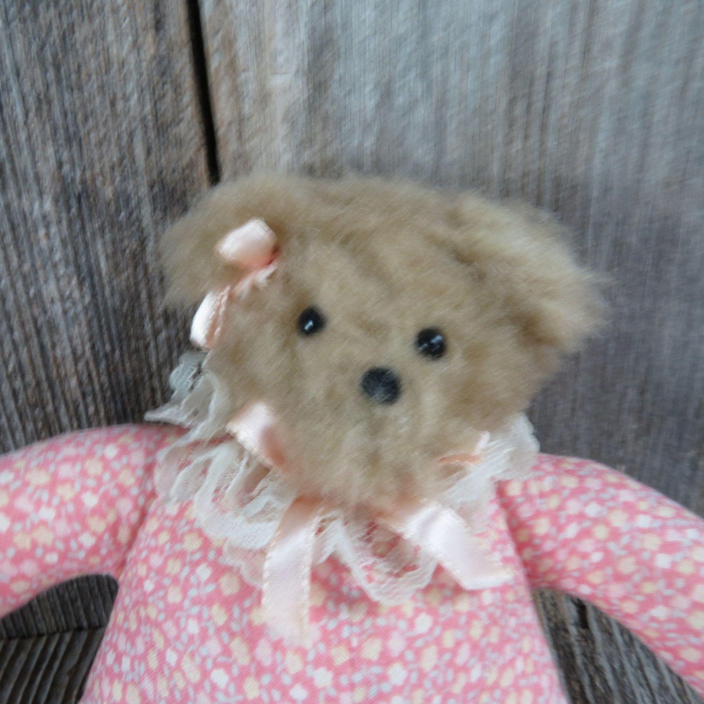 Vintage Teddy Bear Plush Calico Fuzzy The Hen in the Holly Pink Lace Mini Fabric