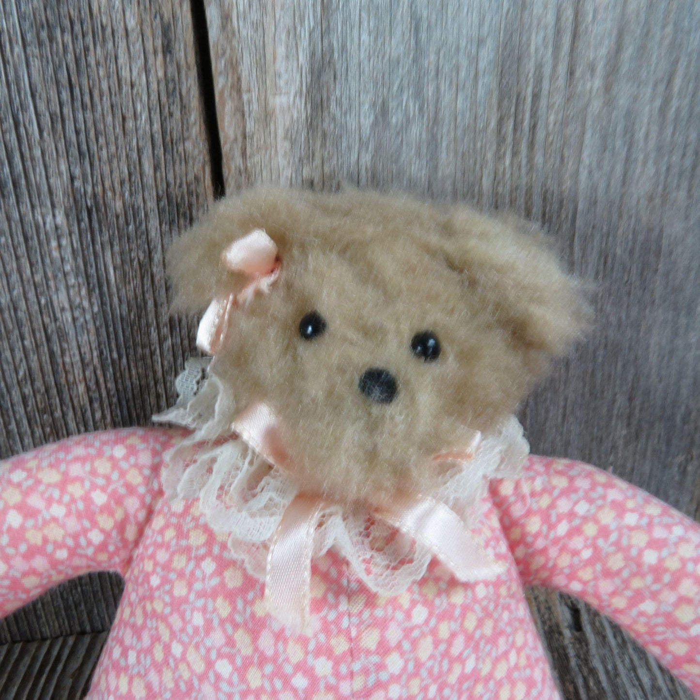 Vintage Teddy Bear Plush Calico Fuzzy The Hen in the Holly Pink Lace Mini Fabric