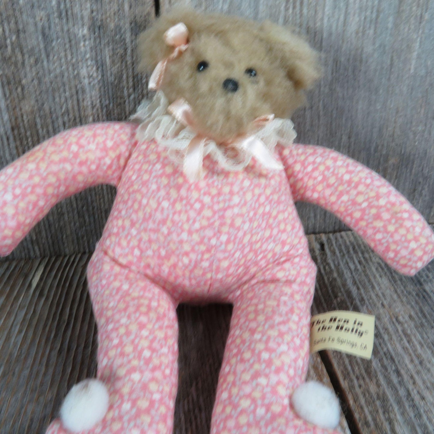 Vintage Teddy Bear Plush Calico Fuzzy The Hen in the Holly Pink Lace Mini Fabric