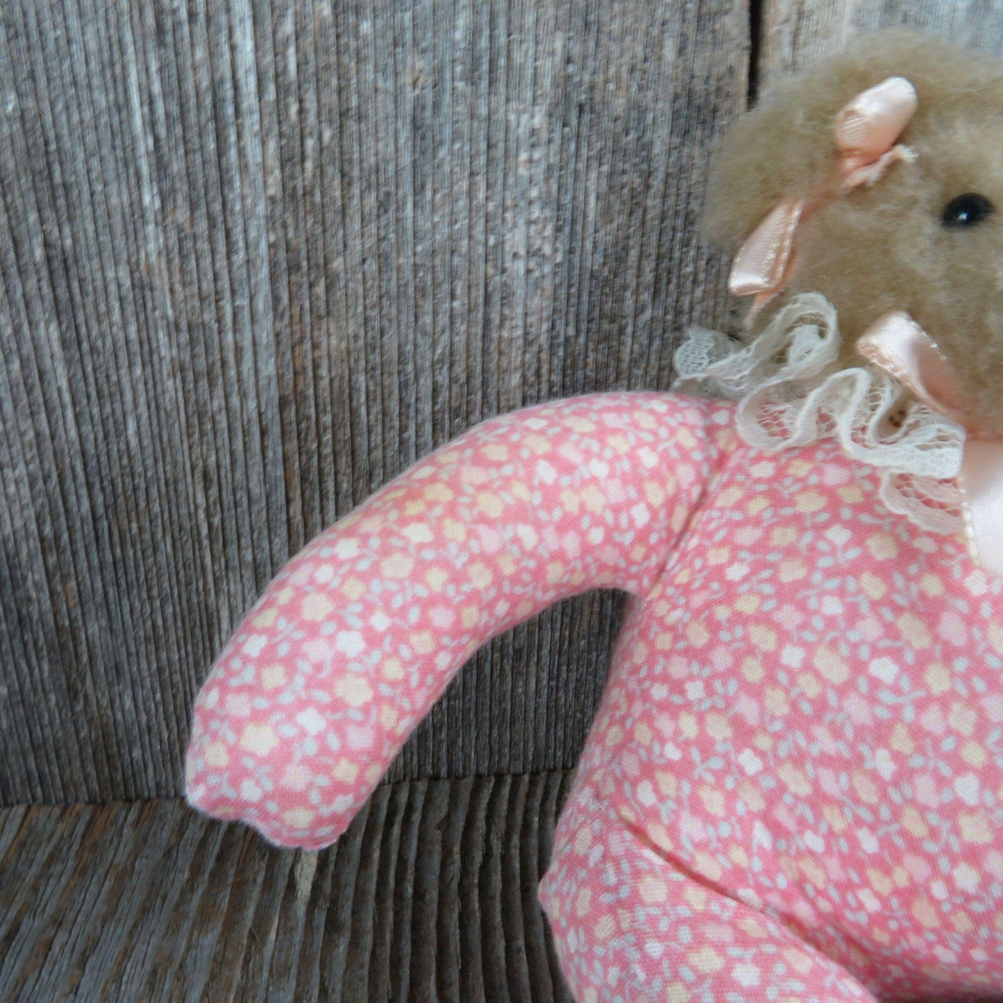 Vintage Teddy Bear Plush Calico Fuzzy The Hen in the Holly Pink Lace Mini Fabric