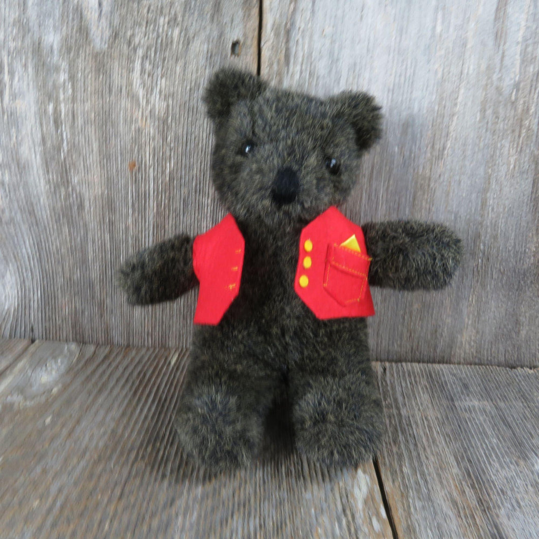 Vintage Small Teddy Bear Plush Black Gray Red Vest Yellow Buttons Stuffed Animal