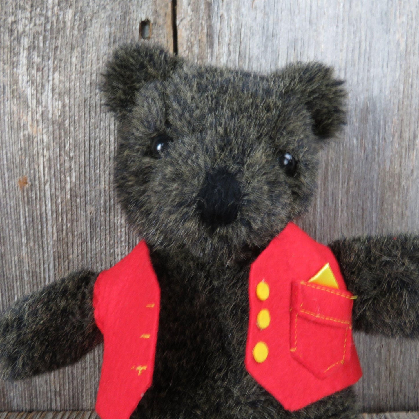 Vintage Small Teddy Bear Plush Black Gray Red Vest Yellow Buttons Stuffed Animal