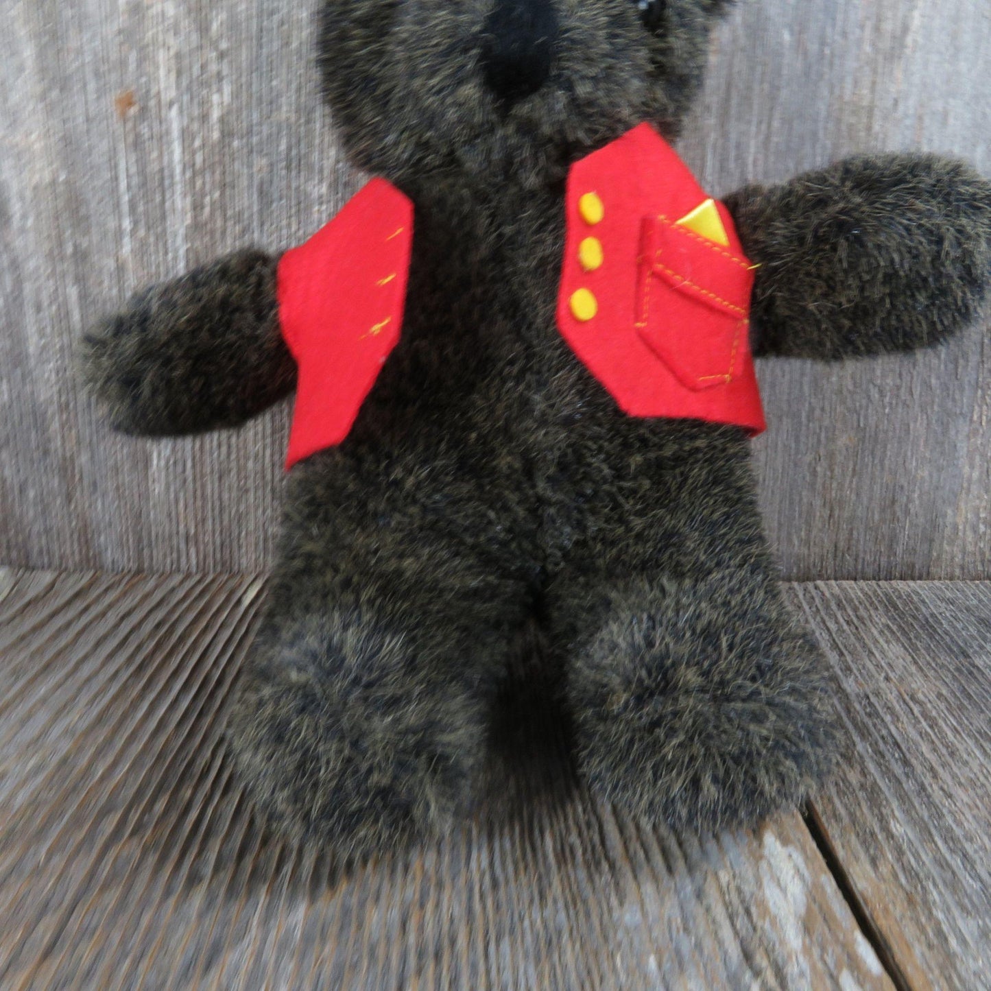 Vintage Small Teddy Bear Plush Black Gray Red Vest Yellow Buttons Stuffed Animal