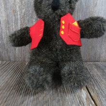 Load image into Gallery viewer, Vintage Small Teddy Bear Plush Black Gray Red Vest Yellow Buttons Stuffed Animal