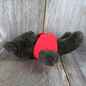 Vintage Small Teddy Bear Plush Black Gray Red Vest Yellow Buttons Stuffed Animal