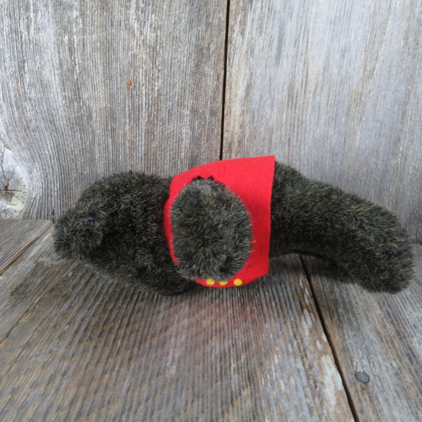 Vintage Small Teddy Bear Plush Black Gray Red Vest Yellow Buttons Stuffed Animal