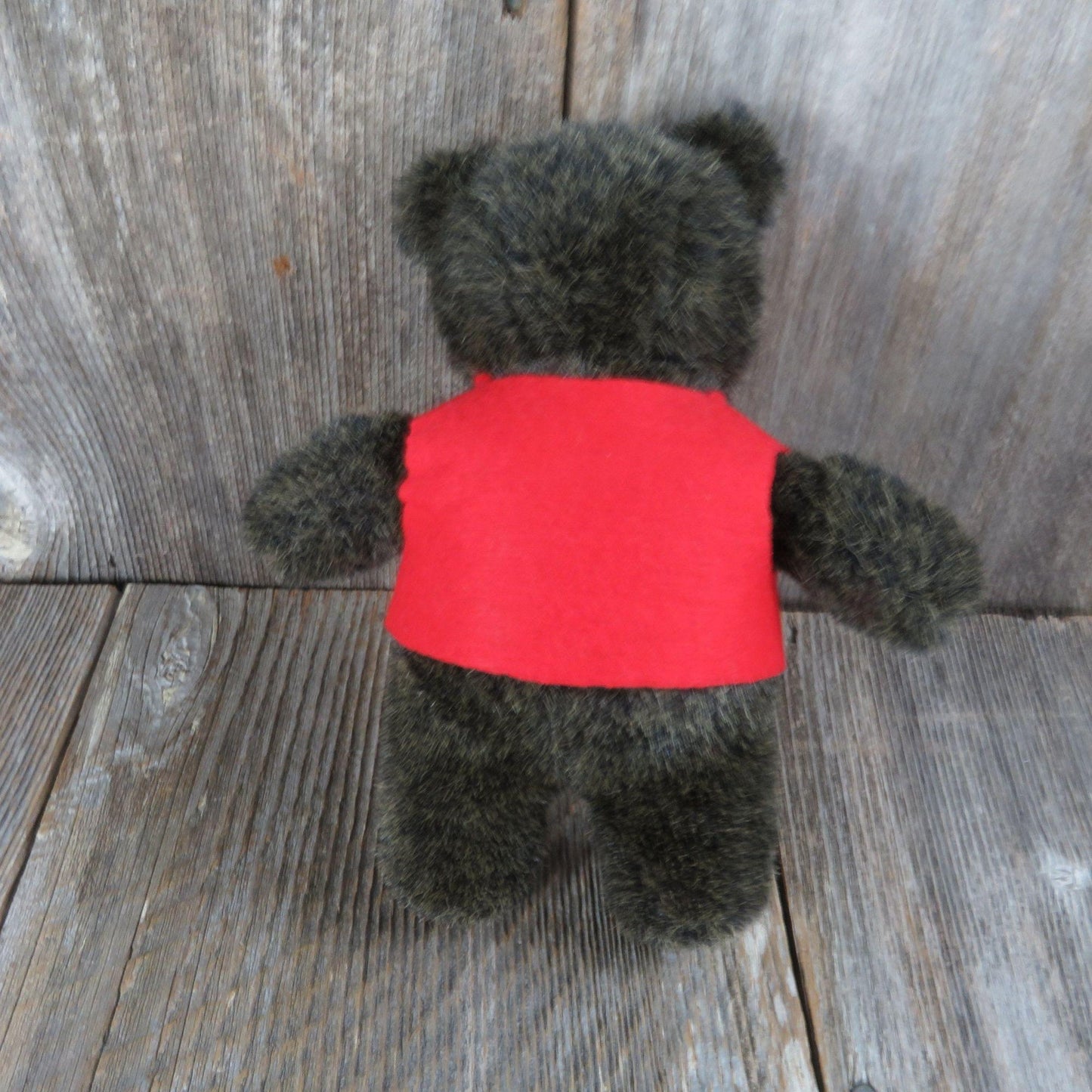 Vintage Small Teddy Bear Plush Black Gray Red Vest Yellow Buttons Stuffed Animal