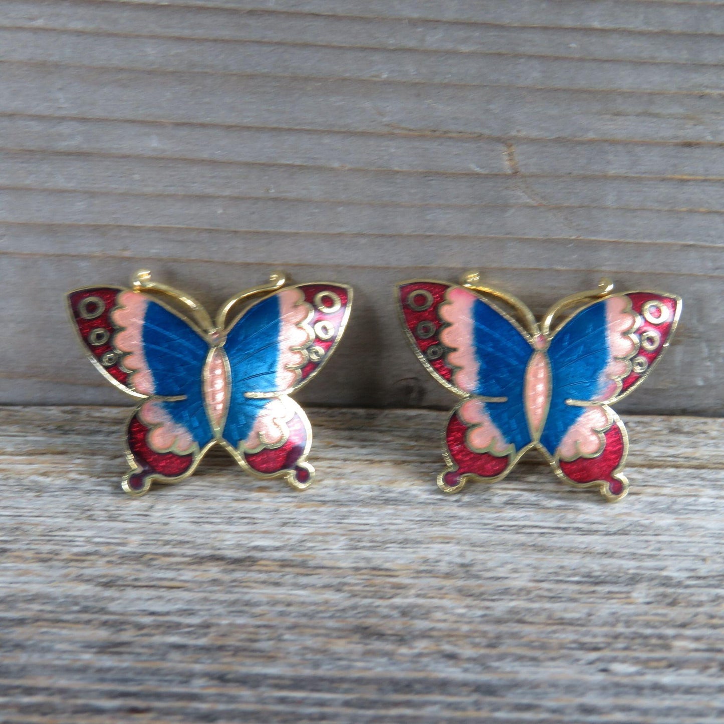 Vintage Butterfly Enameled Earrings Cloisonne Style Stud Gold Blue Red