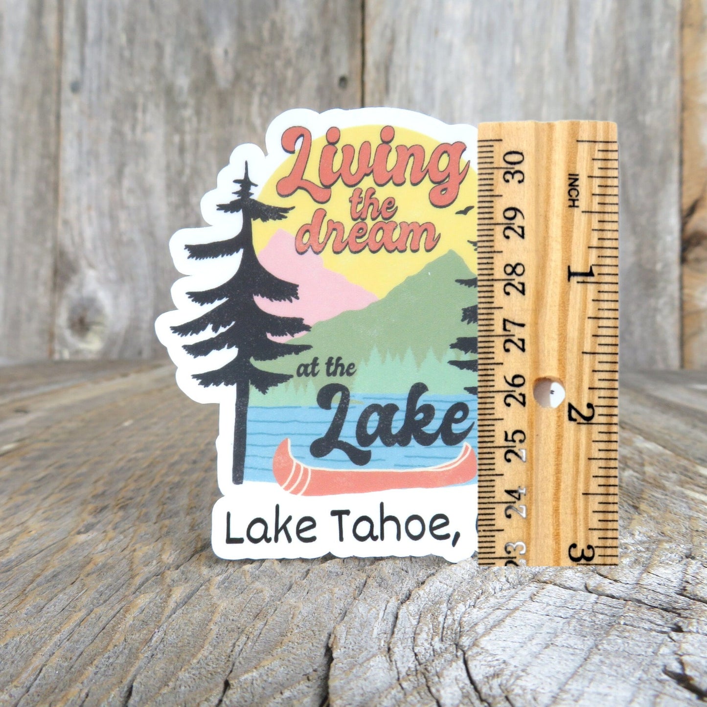 Lake Tahoe Living the Dream at the Lake Sticker California Lake Waterproof Boating Fishing Water Sports Camping Outdoors Retro Colors