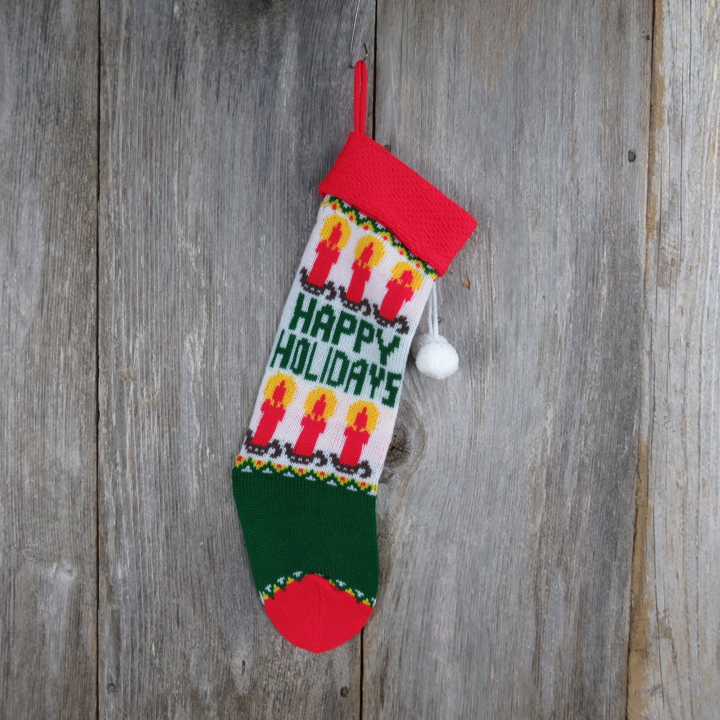 Vintage Knit Stocking Happy Holidays Candles Green Red White Pom Pom 1980s