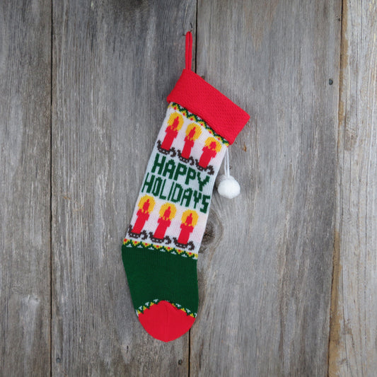 Vintage Knit Stocking Happy Holidays Candles Green Red White Pom Pom 1980s