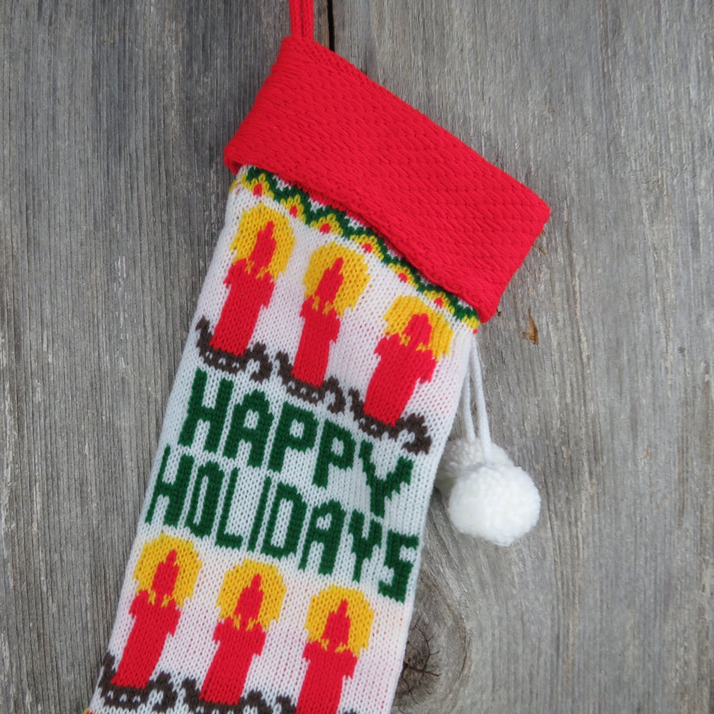 Vintage Knit Stocking Happy Holidays Candles Green Red White Pom Pom 1980s