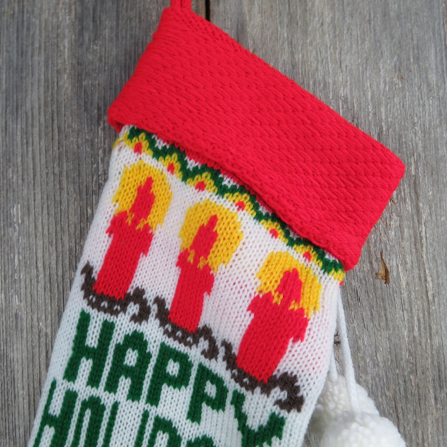 Vintage Knit Stocking Happy Holidays Candles Green Red White Pom Pom 1980s