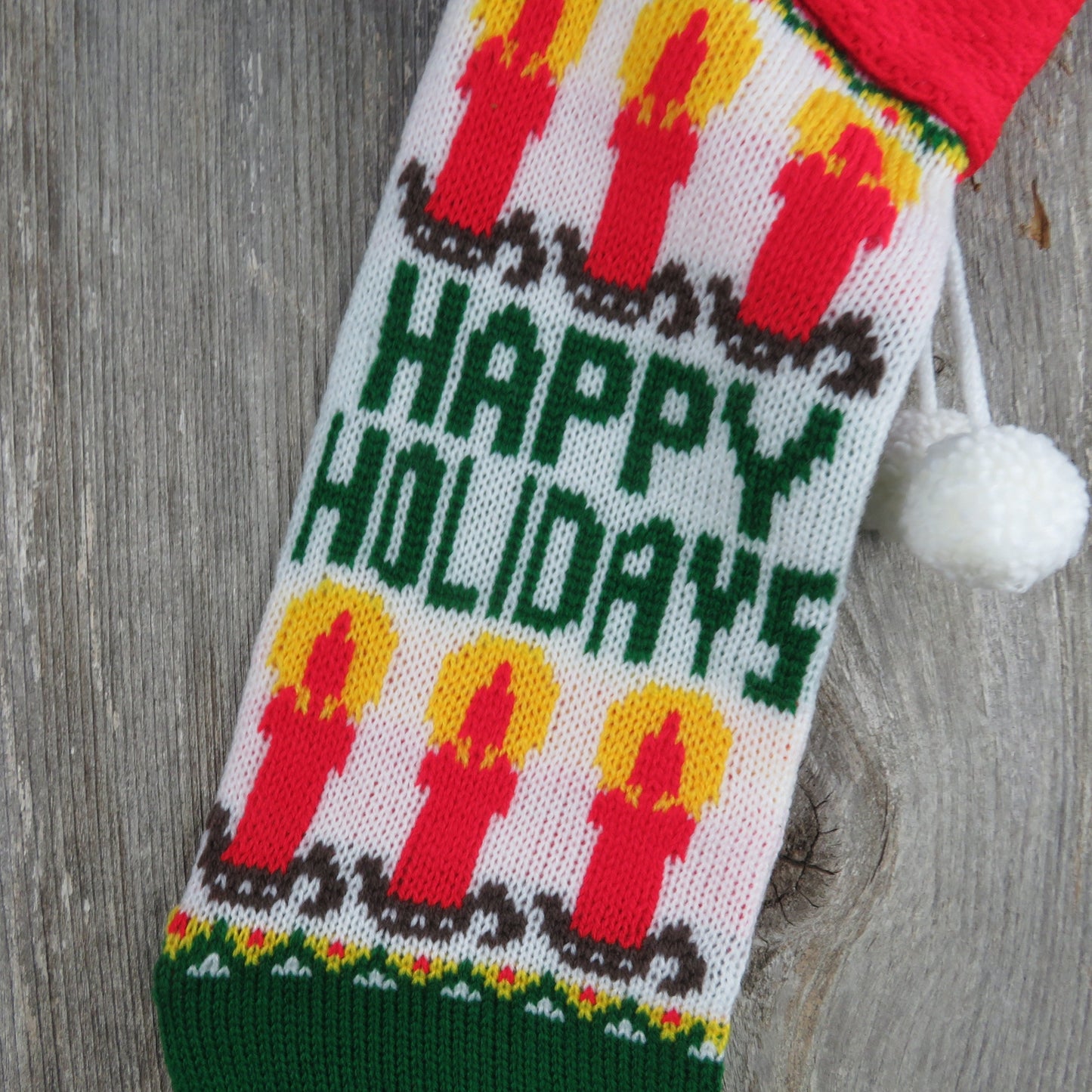 Vintage Knit Stocking Happy Holidays Candles Green Red White Pom Pom 1980s