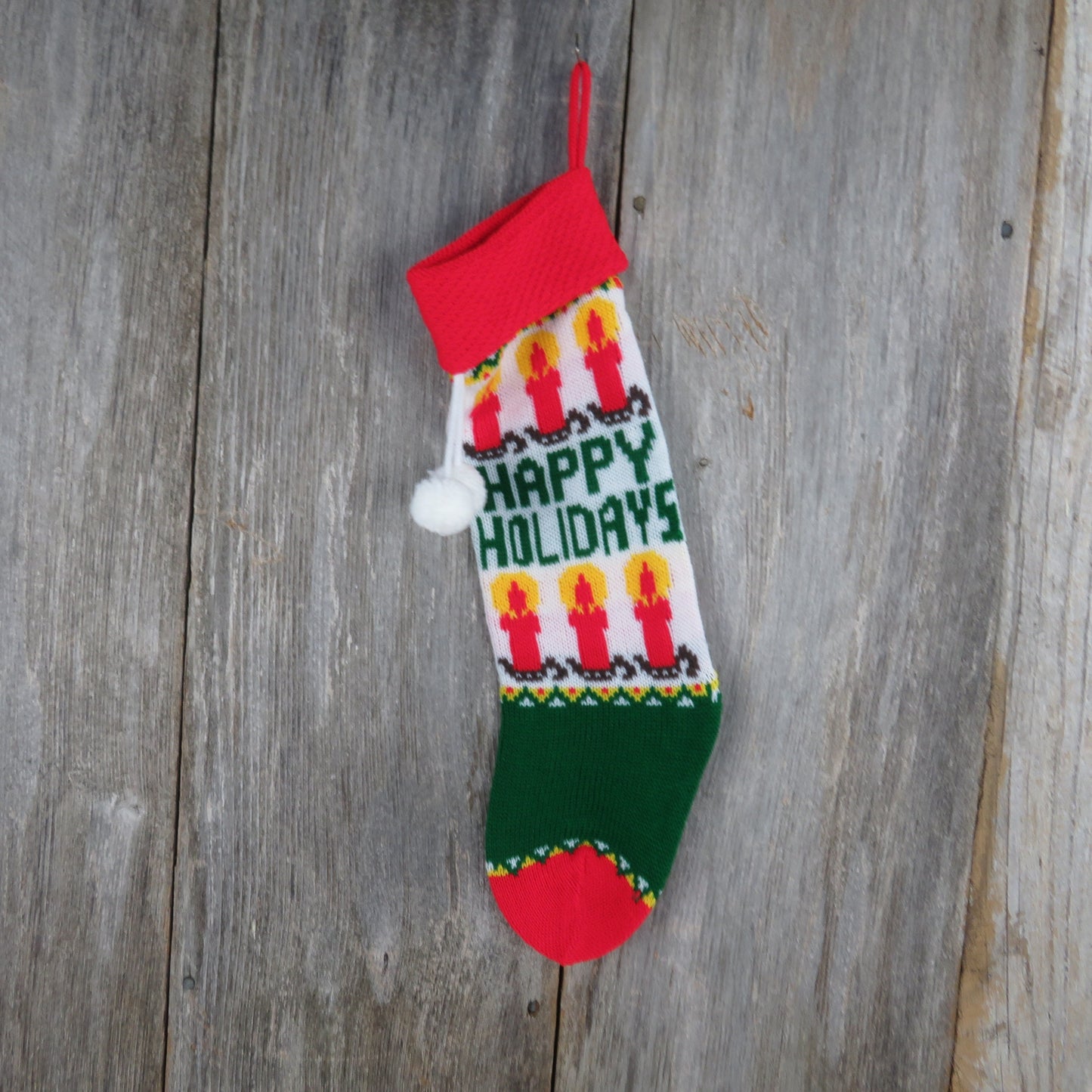 Vintage Knit Stocking Happy Holidays Candles Green Red White Pom Pom 1980s