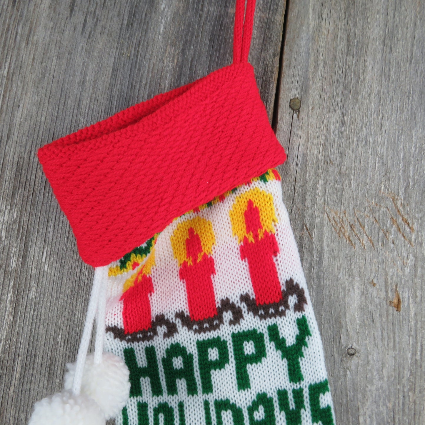 Vintage Knit Stocking Happy Holidays Candles Green Red White Pom Pom 1980s