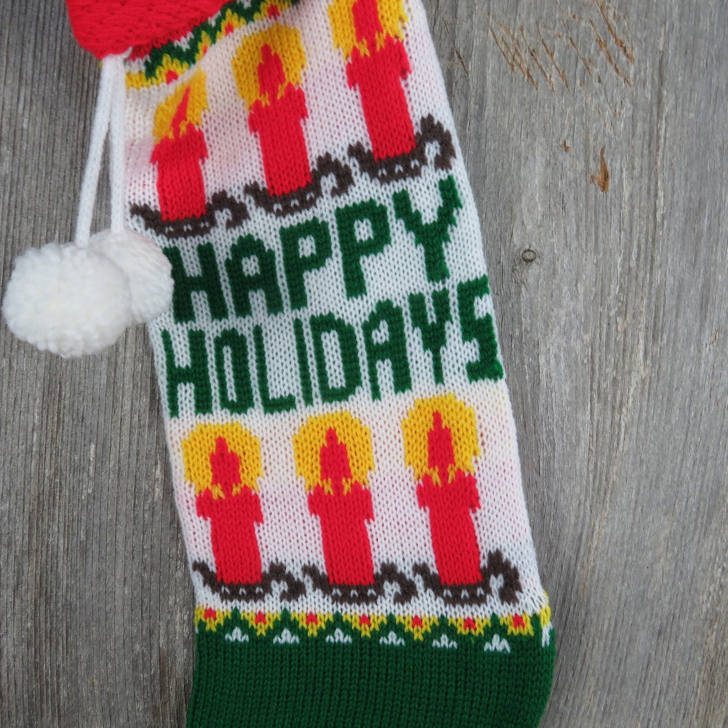 Vintage Knit Stocking Happy Holidays Candles Green Red White Pom Pom 1980s