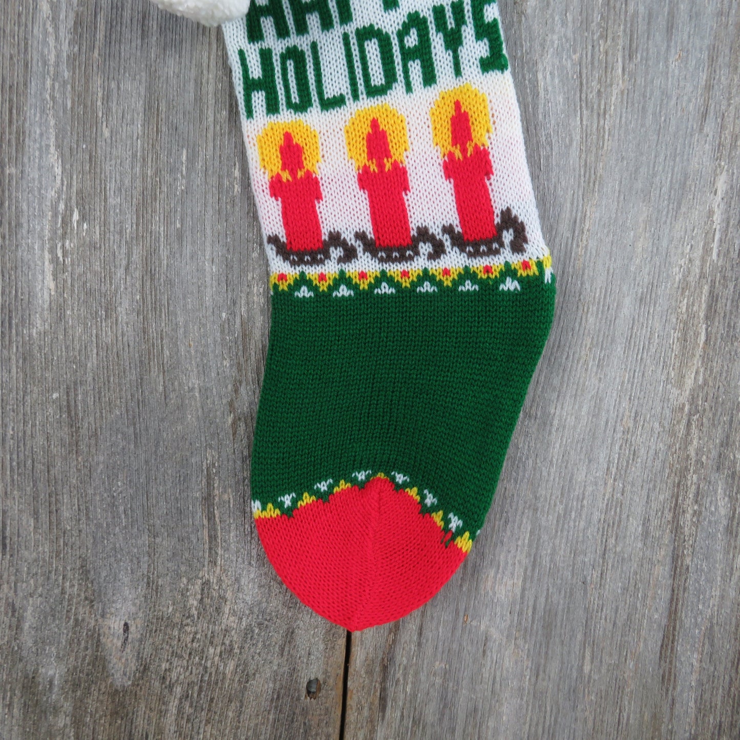 Vintage Knit Stocking Happy Holidays Candles Green Red White Pom Pom 1980s