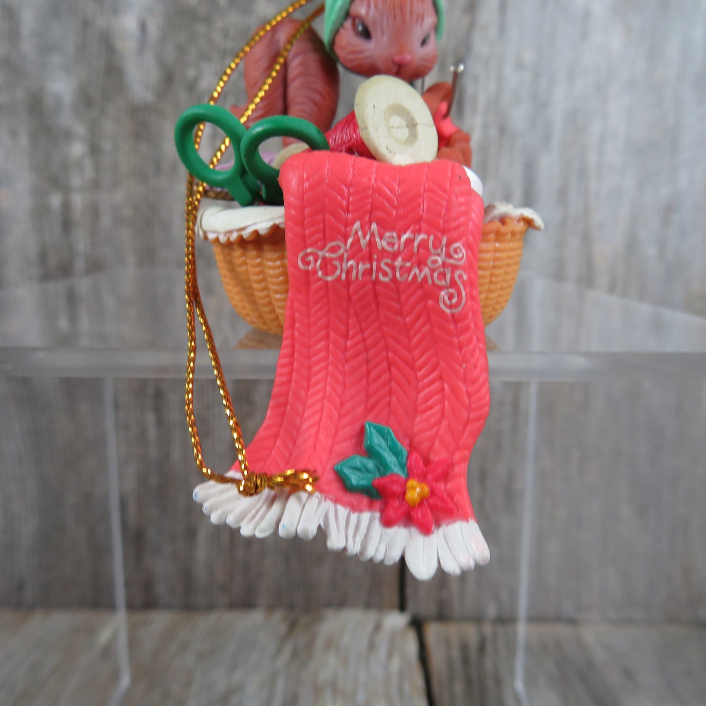 Vintage Squirrel Sewing Basket Ornament Chipmunk Knitting Christmas Blanket Scarf Matrix Industries 1990s