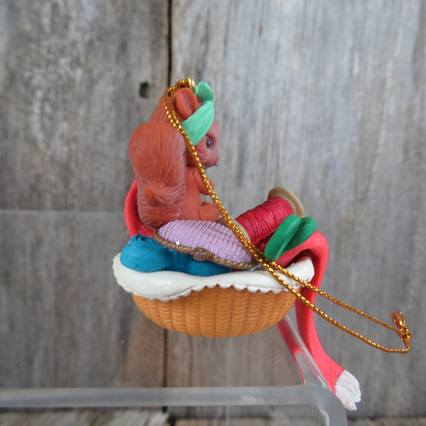 Vintage Squirrel Sewing Basket Ornament Chipmunk Knitting Christmas Blanket Scarf Matrix Industries 1990s