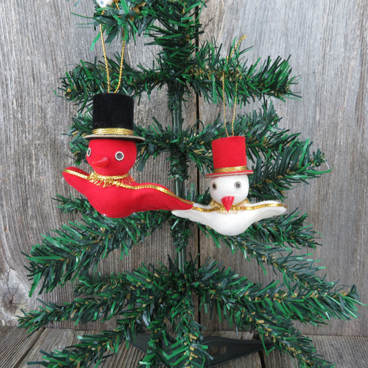 Vintage Birds in Top Hats Ornament Velvet Flocked Red White Christmas Japan