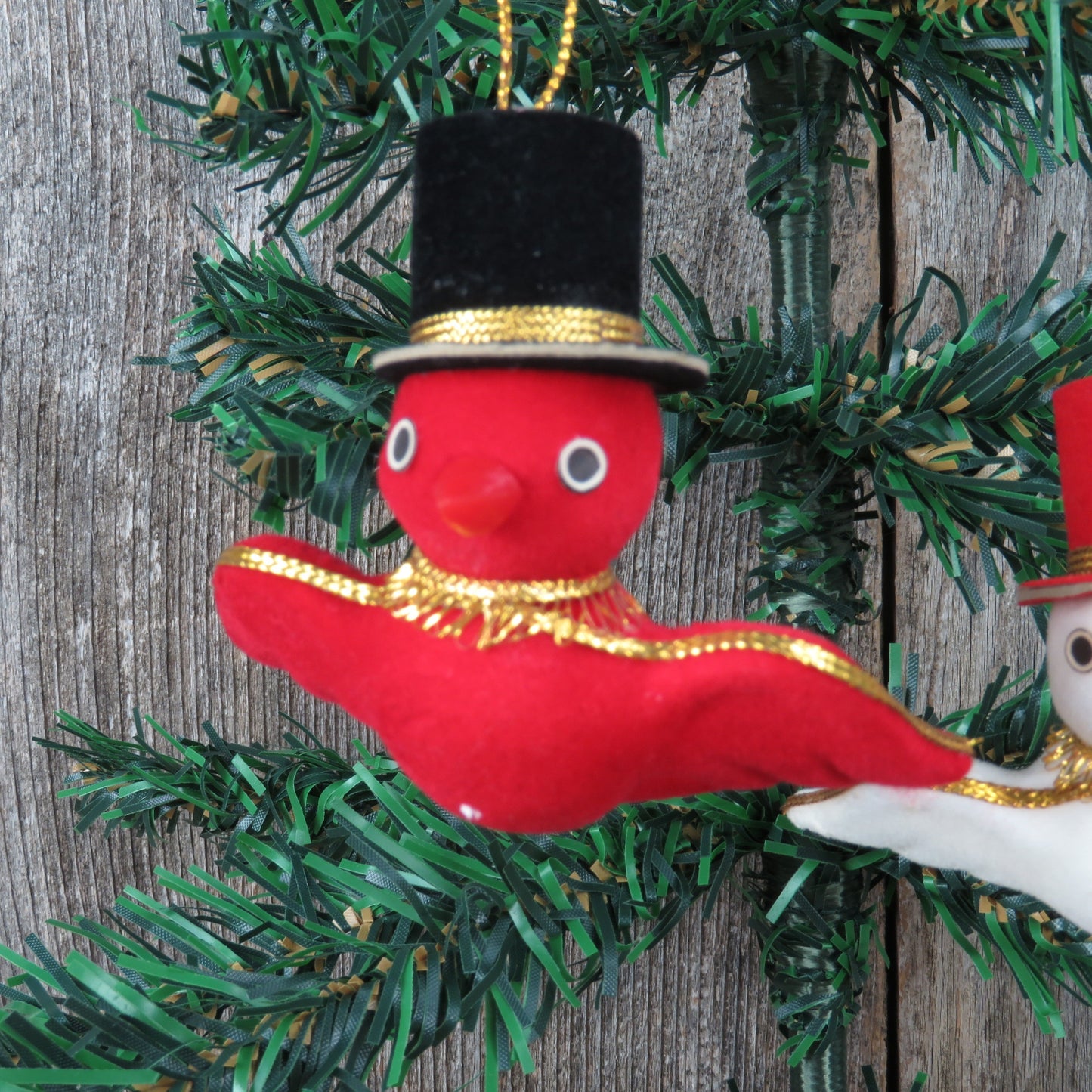 Vintage Birds in Top Hats Ornament Velvet Flocked Red White Christmas Japan