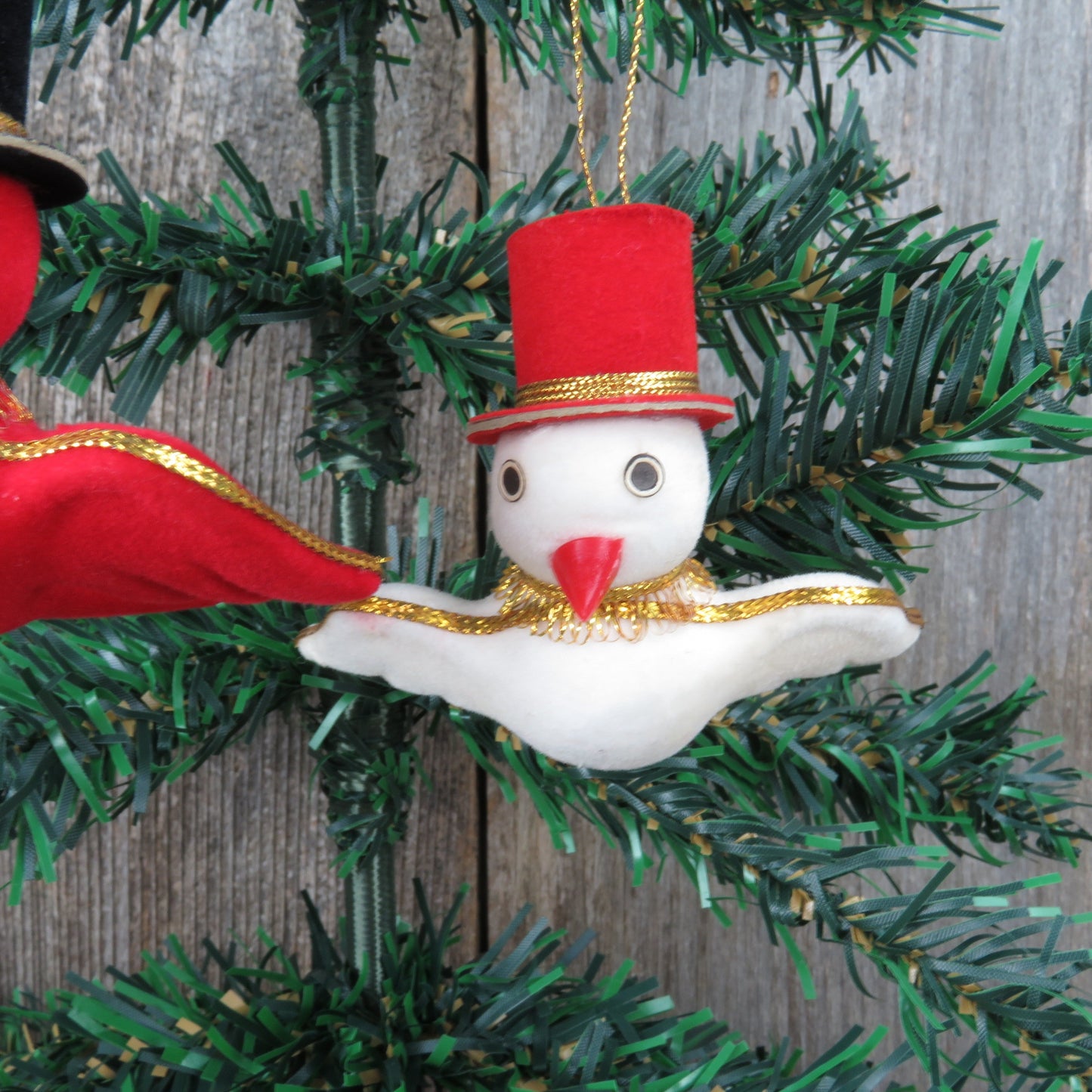 Vintage Birds in Top Hats Ornament Velvet Flocked Red White Christmas Japan