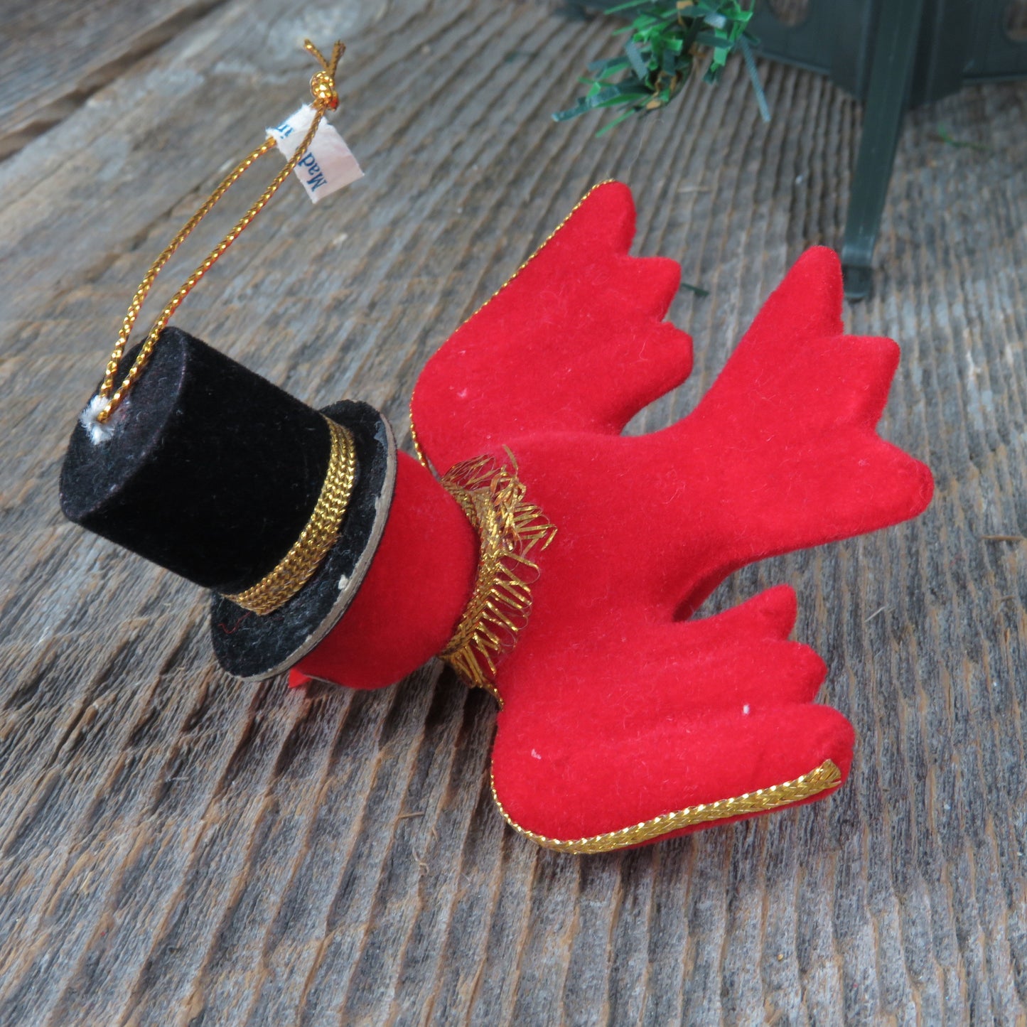 Vintage Birds in Top Hats Ornament Velvet Flocked Red White Christmas Japan