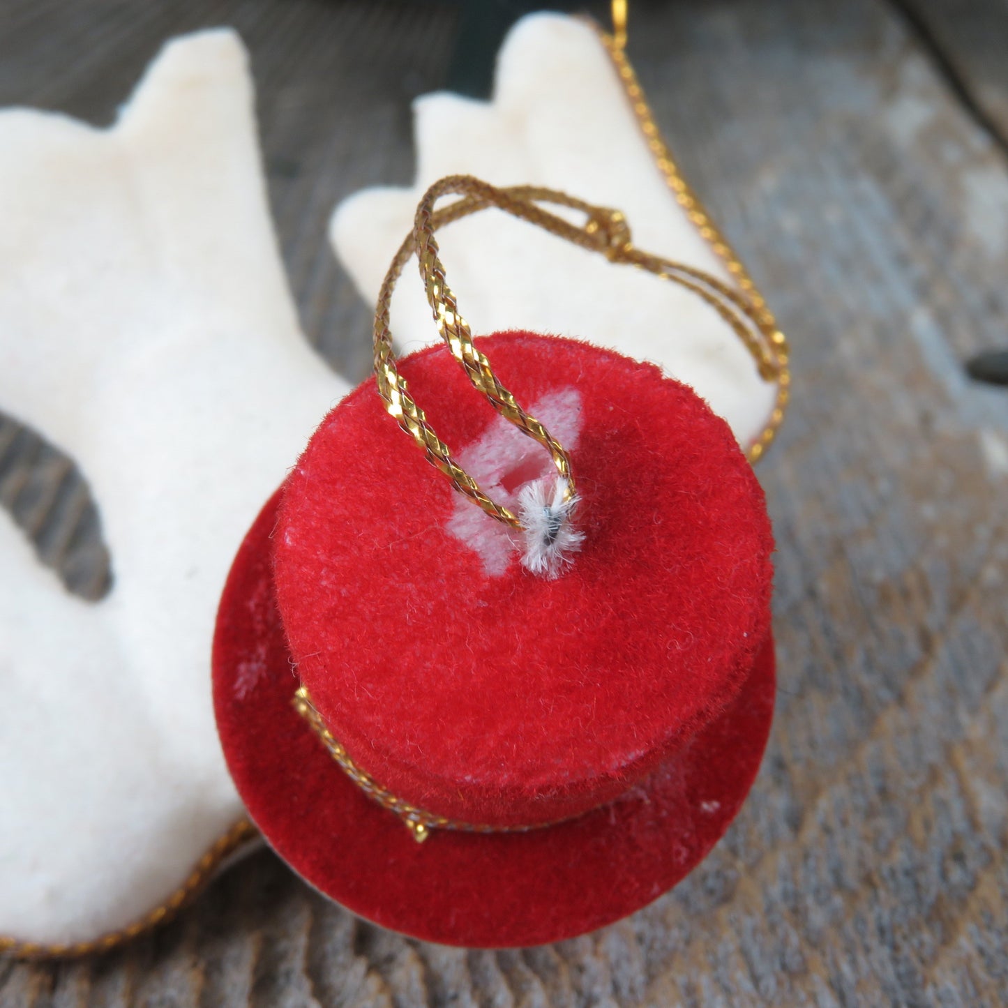 Vintage Birds in Top Hats Ornament Velvet Flocked Red White Christmas Japan