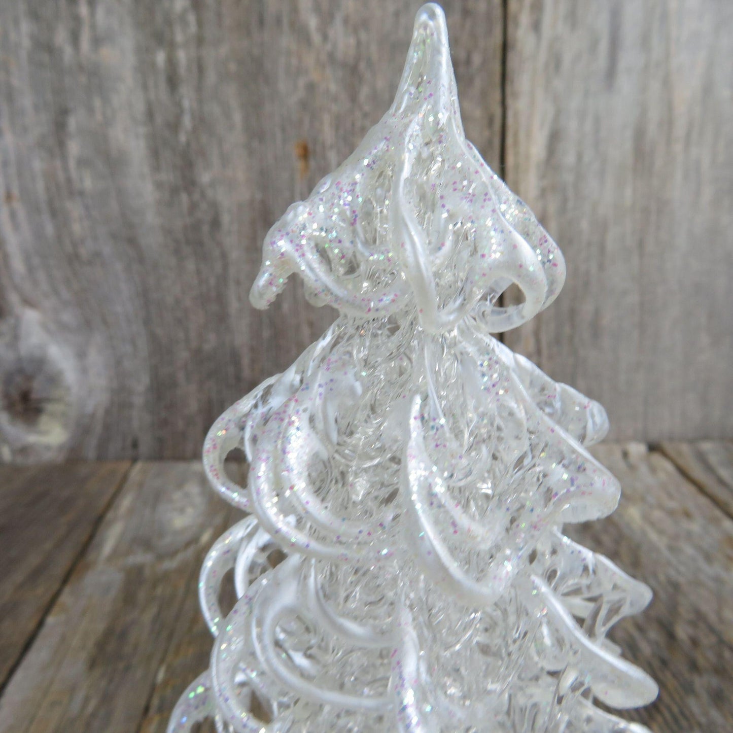 Vintage Tree Spun Glass Figurine Clear Crystal Christmas Glitter Painted White Village Decoration