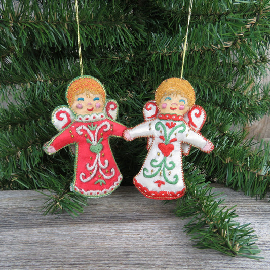 Angel Christmas Ornament Set Red White Gold Stitched Fabric