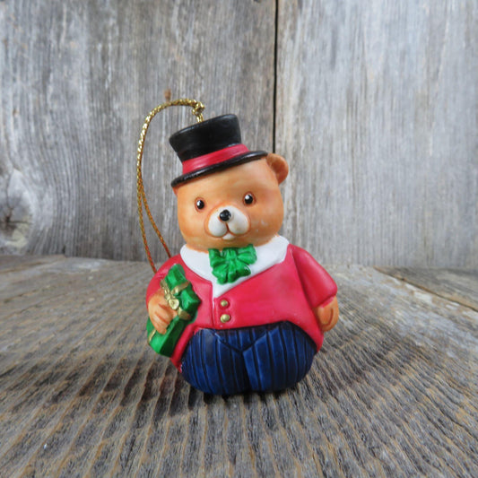 Vintage Teddy Bear Bell Ornament Top Hat Coat Tails Christmas  Russ Ceramic Porcelain Taiwan