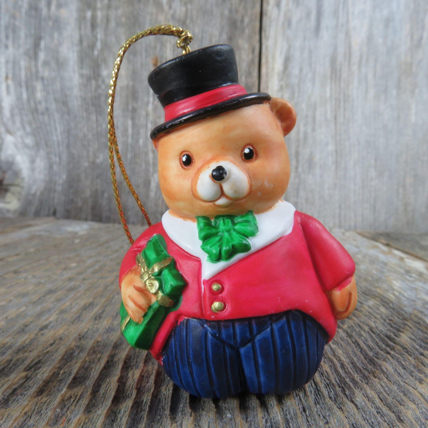 Vintage Teddy Bear Bell Ornament Top Hat Coat Tails Christmas  Russ Ceramic Porcelain Taiwan