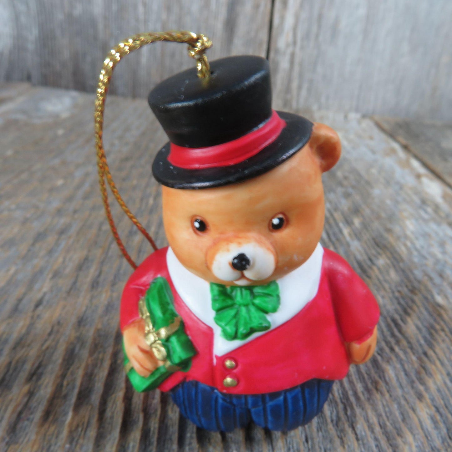 Vintage Teddy Bear Bell Ornament Top Hat Coat Tails Christmas  Russ Ceramic Porcelain Taiwan