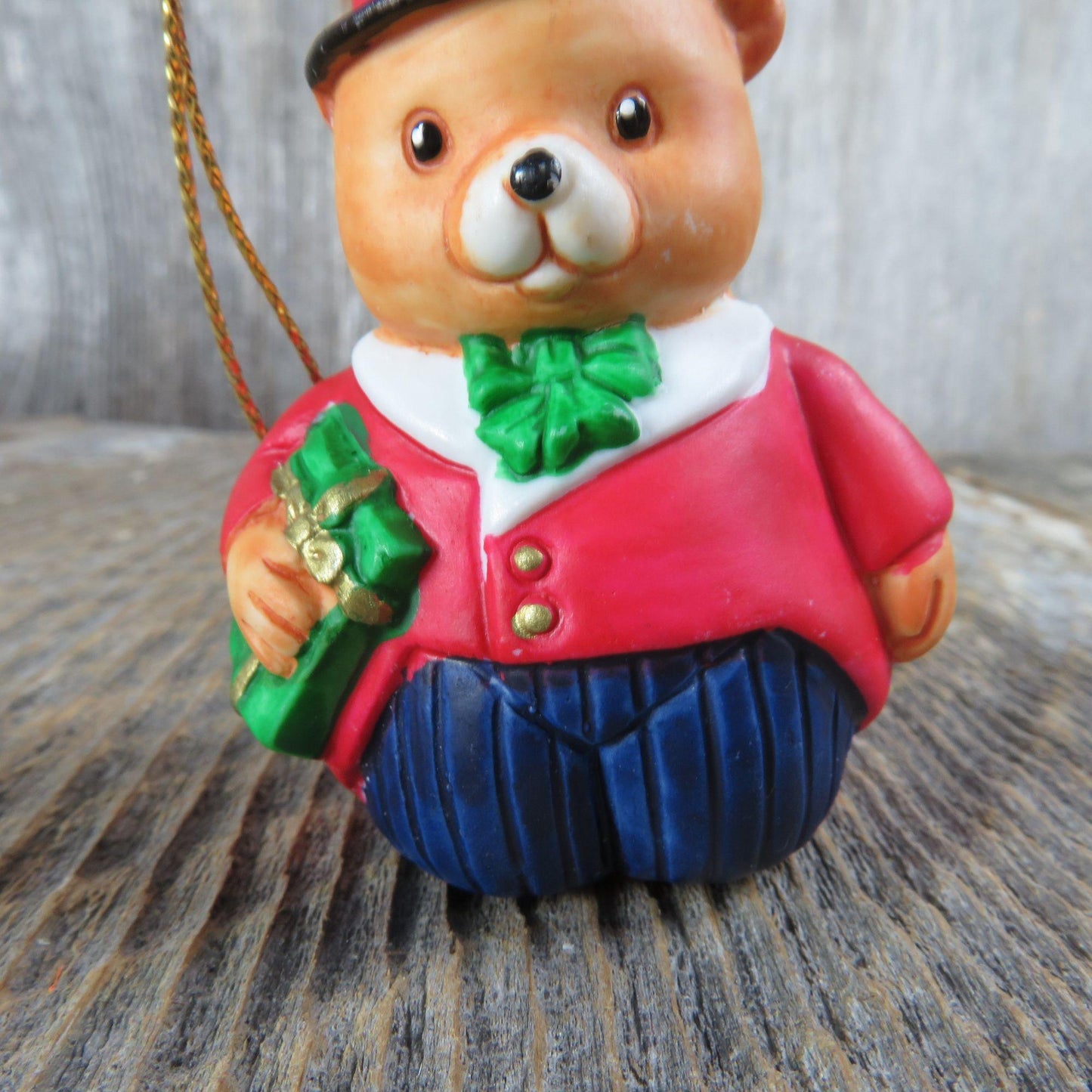 Vintage Teddy Bear Bell Ornament Top Hat Coat Tails Christmas  Russ Ceramic Porcelain Taiwan