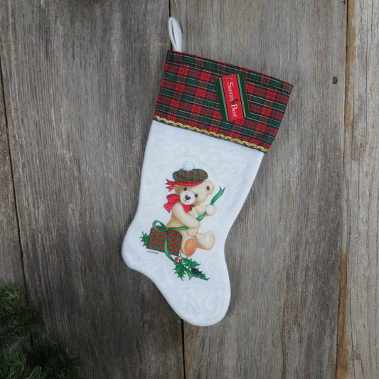 Vintage Teddy Bear in Tartan Plaid Stocking Christmas Santa's Best Beret Hat Gift Package Holly White Fuzzy Red Green Fleece Gold Trim