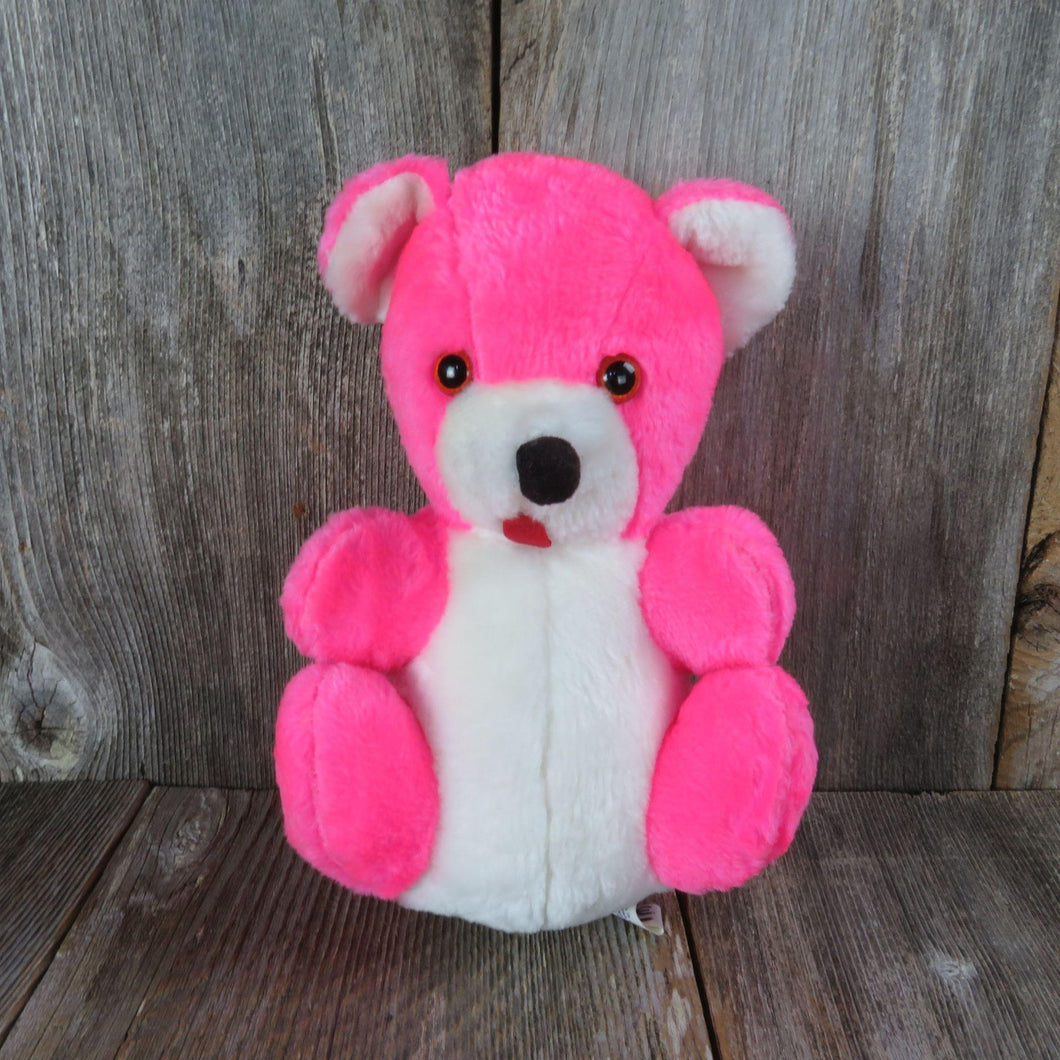 Vintage Pink Bear Plush Acme Stuffed Animal Hard Firm Body Hot Pink White Korea Fair Prize 1983