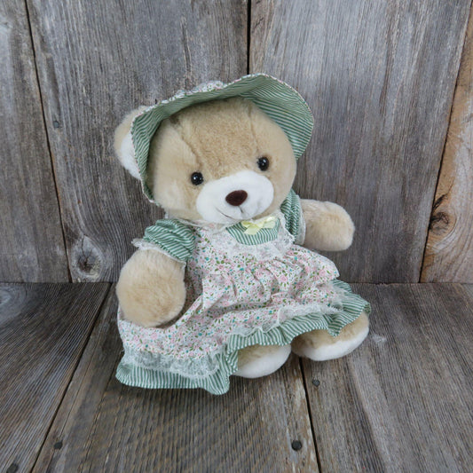 Vintage Teddy Bear Plush Calico Bonnet Apron Green Striped Dress Commonwealth 1989