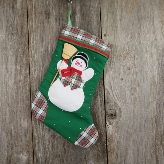 Vintage Snowman with Broom Stocking Avon Applique Christmas Fabric Green Plaid Holiday Home Decor Christmas Decor