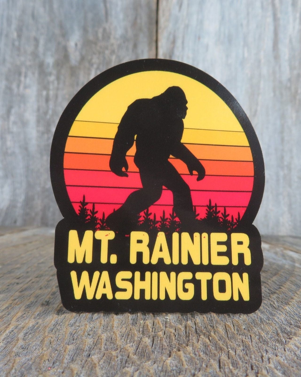 Mount Rainier Washington Bigfoot Sticker Retro Sunset Souvenir Waterproof Travel Water Bottle Laptop Red Yellow