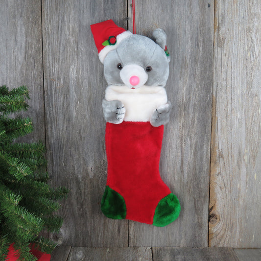 Vintage Mouse Stocking Christmas Pink Nose Grey Plaid Ears Santa Hat Green Trim Plush Stuffed Red Holiday