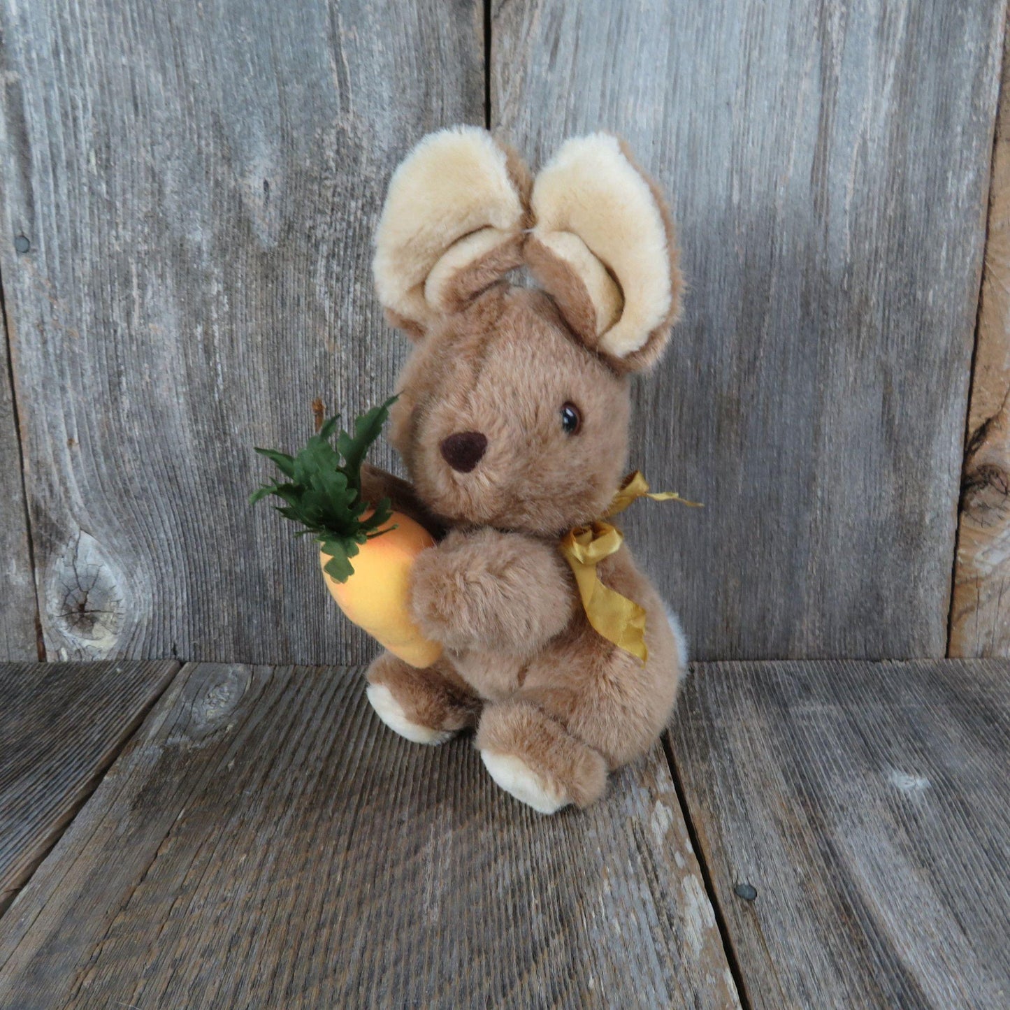 Vintage Bunny Rabbit With Carrot Plush Stuffed Animal Brown Flocked Nose Easter Basket Toy Doll
